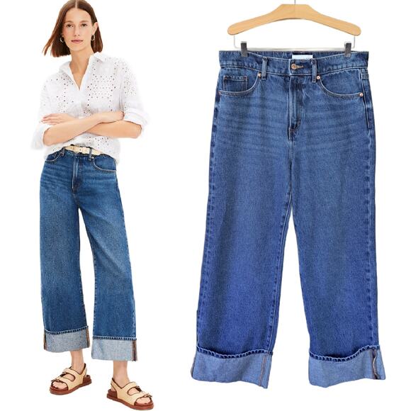 LOFT Flip Cuff High Rise Wide Leg Jeans Size 6 / 28 Petite Medium Wash Crop - Picture 1 of 8